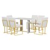 TREXM 7-Piece Modern Dining Table Set, Artificial Marble Sticker Tabletop and 6 Upholstered Linen Chair All with Golden Steel Legs for Dining Room and