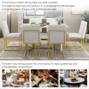 TREXM 7-Piece Modern Dining Table Set, Artificial Marble Sticker Tabletop and 6 Upholstered Linen Chair All with Golden Steel Legs for Dining Room and
