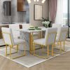TREXM 7-Piece Modern Dining Table Set, Artificial Marble Sticker Tabletop and 6 Upholstered Linen Chair All with Golden Steel Legs for Dining Room and