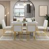 TREXM 7-Piece Modern Dining Table Set, Artificial Marble Sticker Tabletop and 6 Upholstered Linen Chair All with Golden Steel Legs for Dining Room and