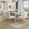 TREXM 7-Piece Modern Dining Table Set, Artificial Marble Sticker Tabletop and 6 Upholstered Linen Chair All with Golden Steel Legs for Dining Room and