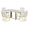 TREXM 7-Piece Modern Dining Table Set, Artificial Marble Sticker Tabletop and 6 Upholstered Linen Chair All with Golden Steel Legs for Dining Room and