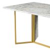 TREXM 7-Piece Modern Dining Table Set, Artificial Marble Sticker Tabletop and 6 Upholstered Linen Chair All with Golden Steel Legs for Dining Room and