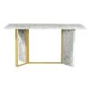 TREXM 7-Piece Modern Dining Table Set, Artificial Marble Sticker Tabletop and 6 Upholstered Linen Chair All with Golden Steel Legs for Dining Room and