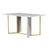 TREXM 7-Piece Modern Dining Table Set, Artificial Marble Sticker Tabletop and 6 Upholstered Linen Chair All with Golden Steel Legs for Dining Room and