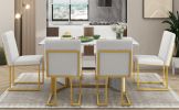 TREXM 7-Piece Modern Dining Table Set, Artificial Marble Sticker Tabletop and 6 Upholstered Linen Chair All with Golden Steel Legs for Dining Room and