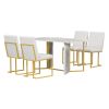 TREXM 7-Piece Modern Dining Table Set, Artificial Marble Sticker Tabletop and 6 Upholstered Linen Chair All with Golden Steel Legs for Dining Room and